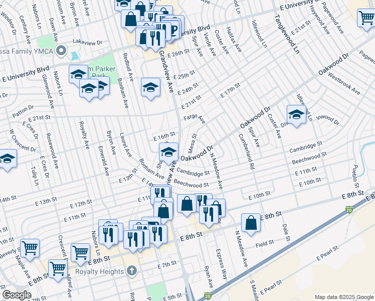 map of restaurants, bars, coffee shops, grocery stores, and more near 1503 Mesa Street in Odessa