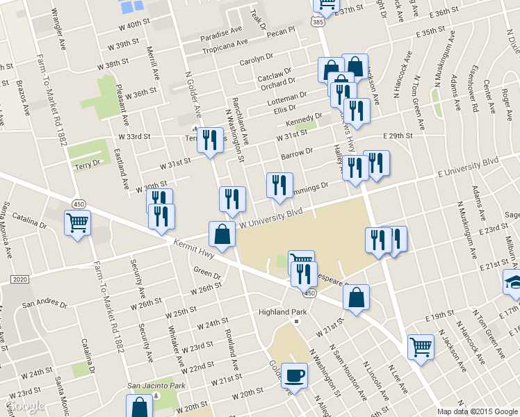 map of restaurants, bars, coffee shops, grocery stores, and more near 513 Cummings Drive in Odessa