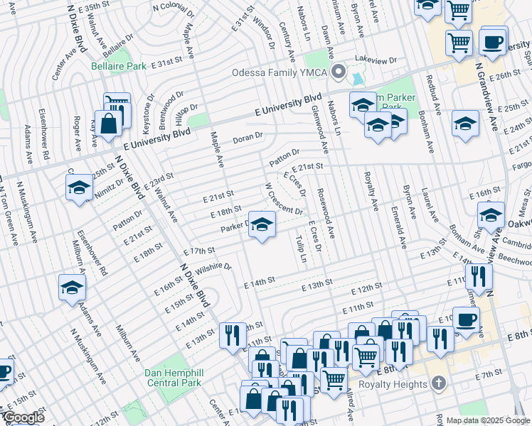 map of restaurants, bars, coffee shops, grocery stores, and more near 1513 Parker Drive in Odessa