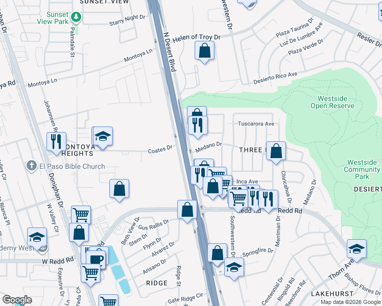 map of restaurants, bars, coffee shops, grocery stores, and more near in El Paso