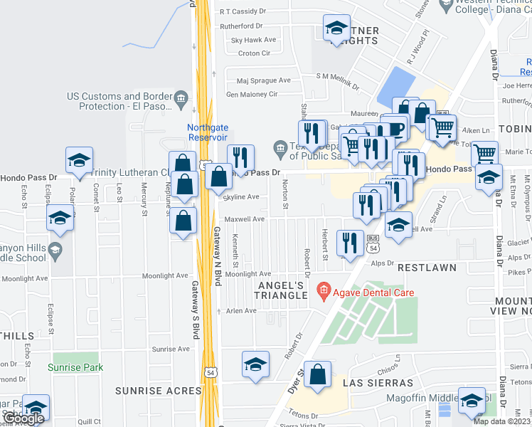 map of restaurants, bars, coffee shops, grocery stores, and more near 4512 Amazon Court in El Paso