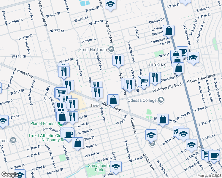 map of restaurants, bars, coffee shops, grocery stores, and more near 920 West University Boulevard in Odessa