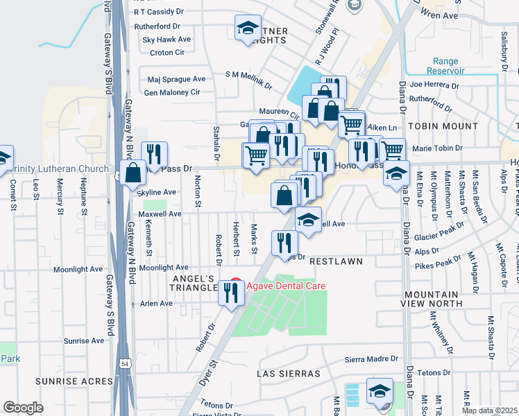 map of restaurants, bars, coffee shops, grocery stores, and more near 4703 Maxwell Avenue in El Paso