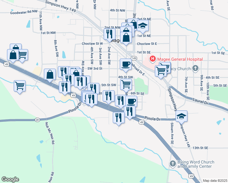 map of restaurants, bars, coffee shops, grocery stores, and more near 623 2nd Avenue Southwest in Magee