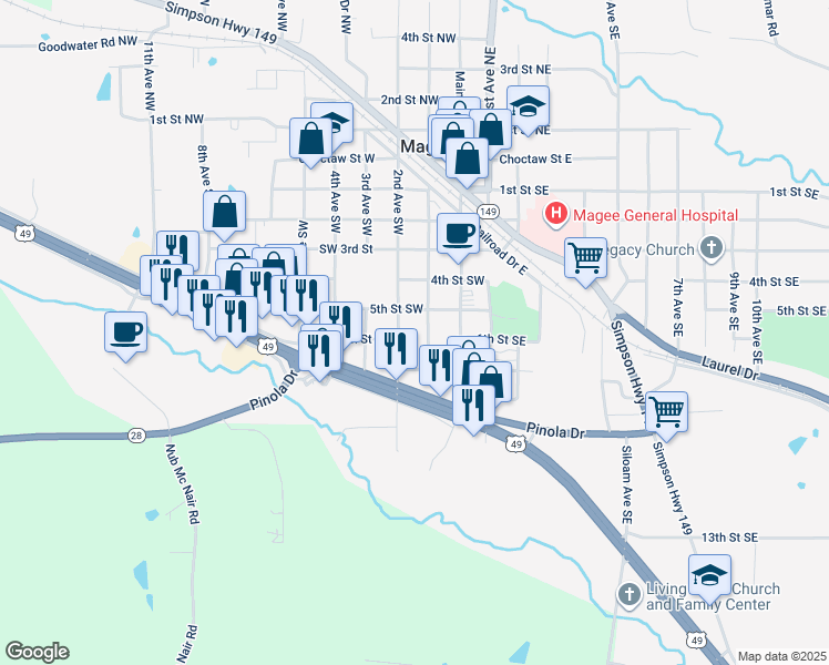 map of restaurants, bars, coffee shops, grocery stores, and more near 623 2nd Avenue Southwest in Magee