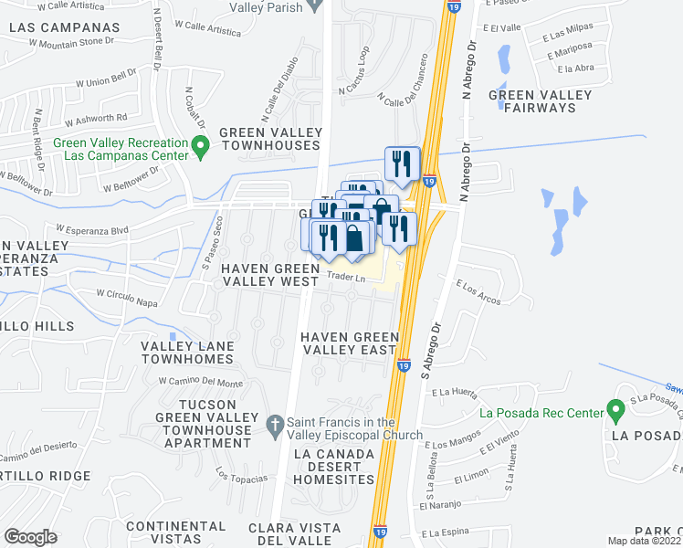 map of restaurants, bars, coffee shops, grocery stores, and more near 123 Trader Lane in Green Valley