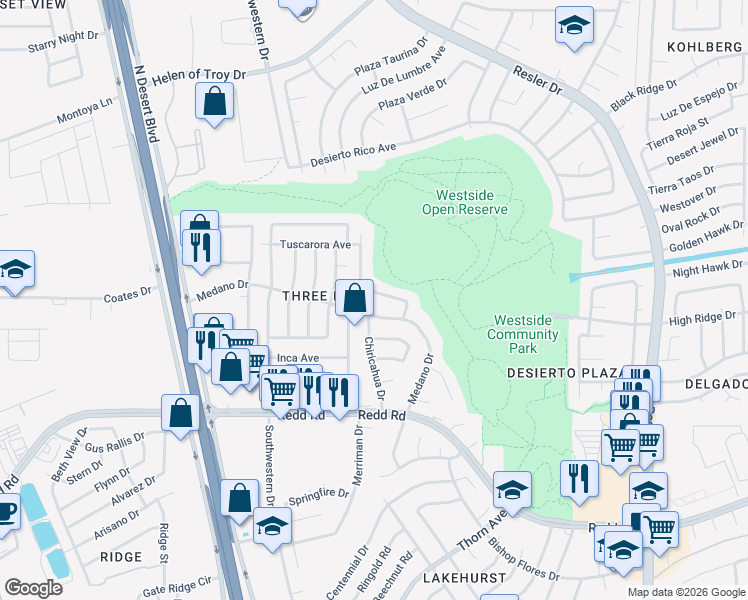 map of restaurants, bars, coffee shops, grocery stores, and more near 7664 Paiute Way in El Paso