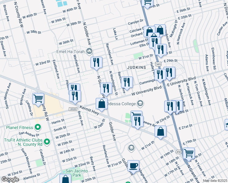 map of restaurants, bars, coffee shops, grocery stores, and more near 513 Cummings Drive in Odessa