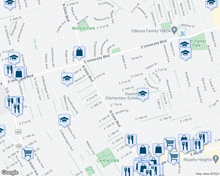 map of restaurants, bars, coffee shops, grocery stores, and more near 1208 East 21st Street in Odessa