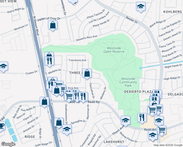 map of restaurants, bars, coffee shops, grocery stores, and more near 7664 Paiute Way in El Paso