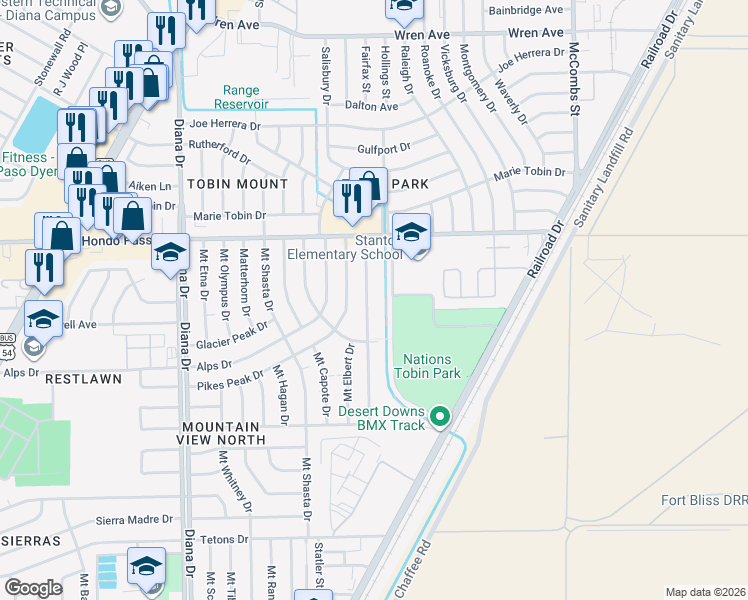 map of restaurants, bars, coffee shops, grocery stores, and more near 8924 Mount Delano Drive in El Paso