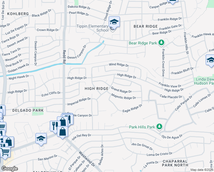 map of restaurants, bars, coffee shops, grocery stores, and more near 6604 Grand Ridge Drive in El Paso