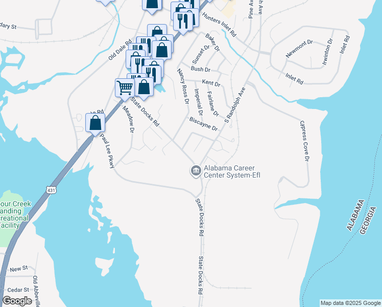 map of restaurants, bars, coffee shops, grocery stores, and more near 367-487 State Docks Road in Eufaula