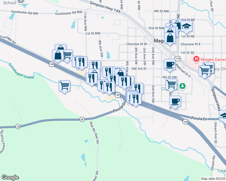 map of restaurants, bars, coffee shops, grocery stores, and more near 1607 U.S. 49 in Magee