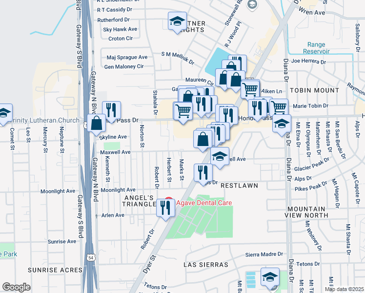 map of restaurants, bars, coffee shops, grocery stores, and more near 4703 Maxwell Avenue in El Paso