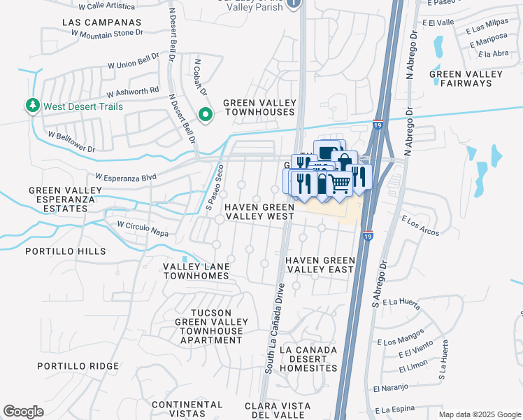 map of restaurants, bars, coffee shops, grocery stores, and more near 264 South Paseo Pena in Green Valley