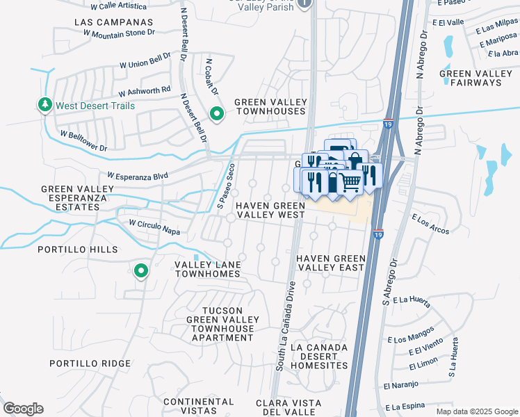 map of restaurants, bars, coffee shops, grocery stores, and more near 265 South Paseo Sarta in Green Valley
