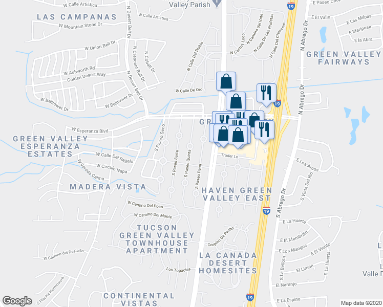 map of restaurants, bars, coffee shops, grocery stores, and more near 235 South Paseo Quinta in Green Valley