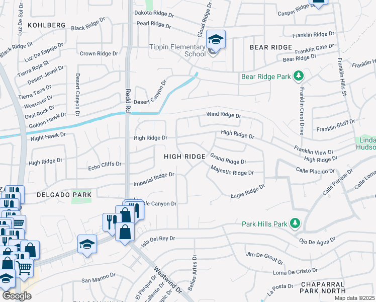 map of restaurants, bars, coffee shops, grocery stores, and more near 1115 Wind Ridge Drive in El Paso