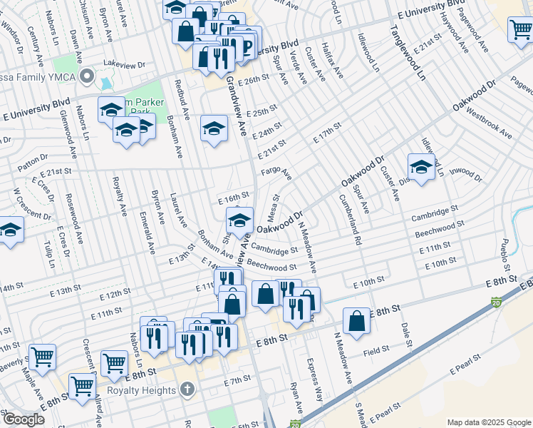 map of restaurants, bars, coffee shops, grocery stores, and more near 1503 Mesa St in Odessa