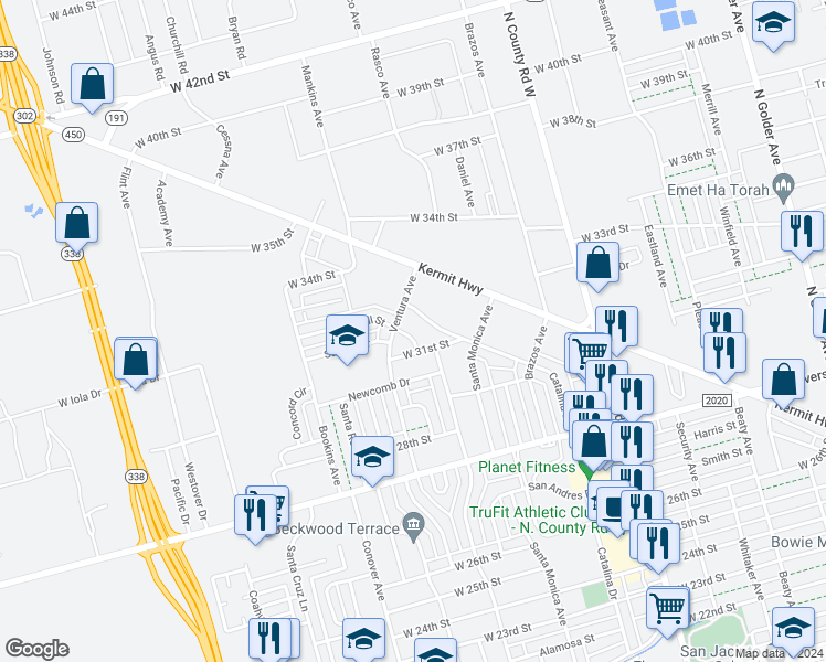 map of restaurants, bars, coffee shops, grocery stores, and more near 3118 Magill Street in Odessa