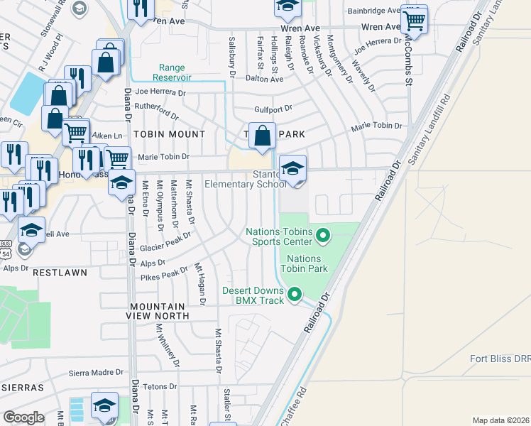 map of restaurants, bars, coffee shops, grocery stores, and more near 8924 Mount Delano Drive in El Paso
