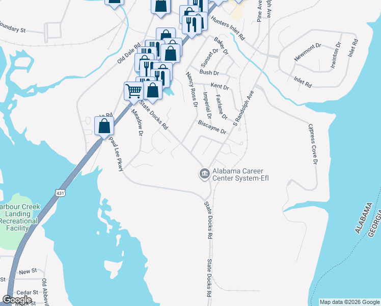 map of restaurants, bars, coffee shops, grocery stores, and more near 367 State Docks Road in Eufaula