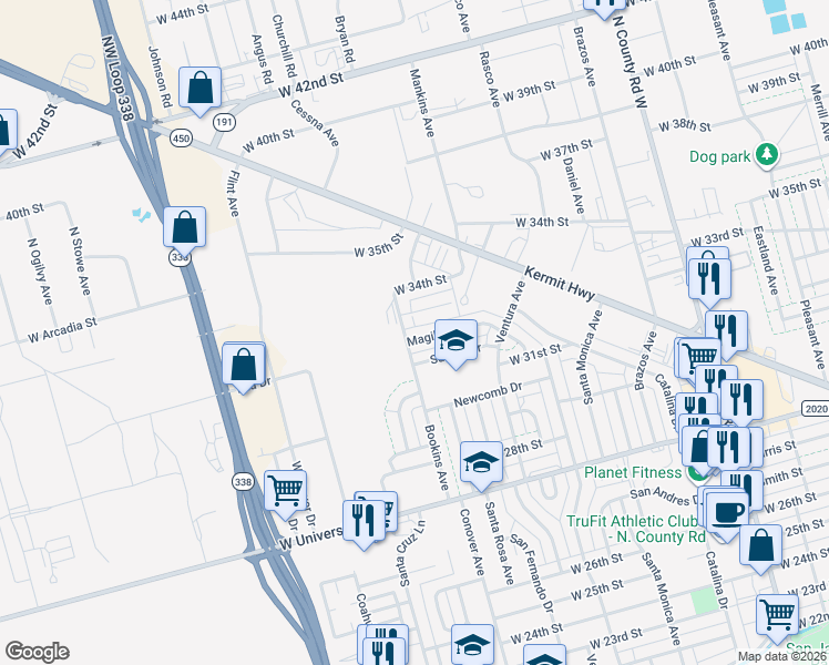 map of restaurants, bars, coffee shops, grocery stores, and more near 3201-3251 Bookins Avenue in Odessa