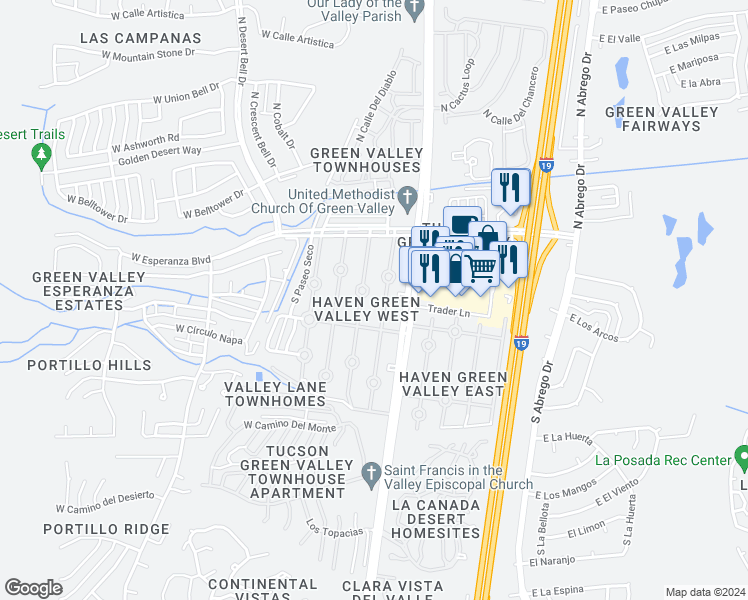 map of restaurants, bars, coffee shops, grocery stores, and more near 232 South Paseo Pena in Green Valley