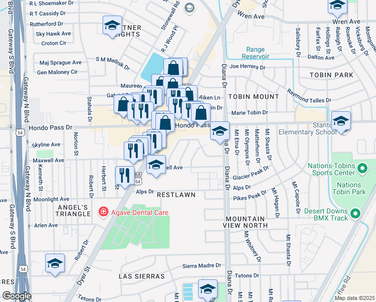 map of restaurants, bars, coffee shops, grocery stores, and more near 8906 Strand Lane in El Paso