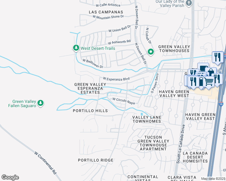 map of restaurants, bars, coffee shops, grocery stores, and more near 909 West Calle Del Regalo in Green Valley