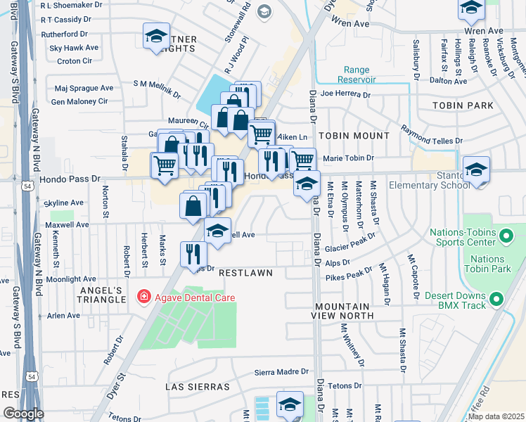 map of restaurants, bars, coffee shops, grocery stores, and more near 8906 Strand Lane in El Paso