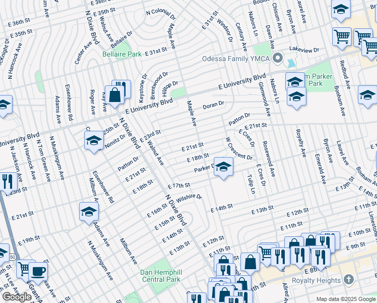 map of restaurants, bars, coffee shops, grocery stores, and more near 1400 East 18th Street in Odessa