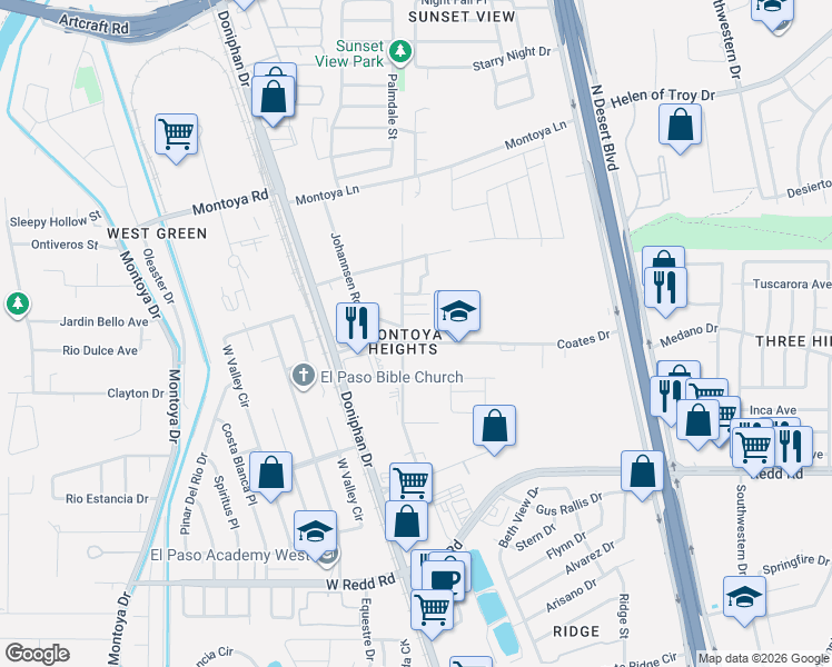 map of restaurants, bars, coffee shops, grocery stores, and more near 300 Coates Drive in El Paso