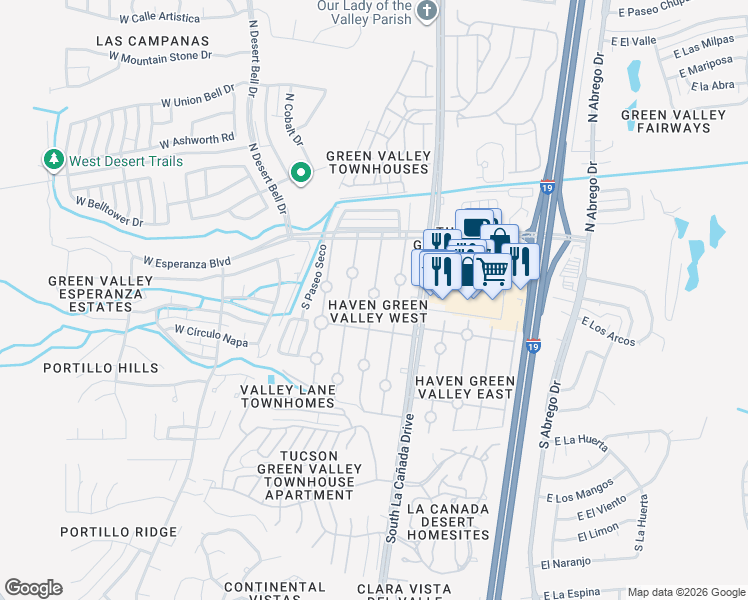 map of restaurants, bars, coffee shops, grocery stores, and more near 265 South Paseo Sarta in Green Valley