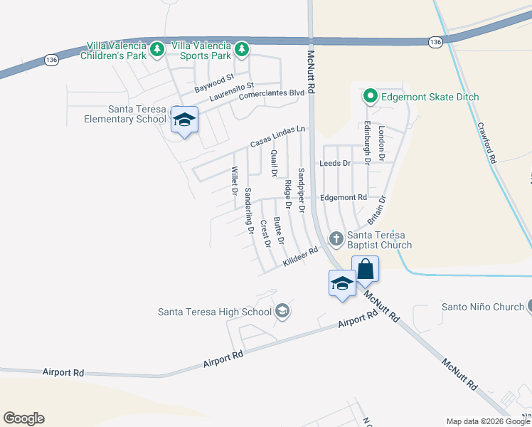 map of restaurants, bars, coffee shops, grocery stores, and more near 5786 Crest Drive in Santa Teresa