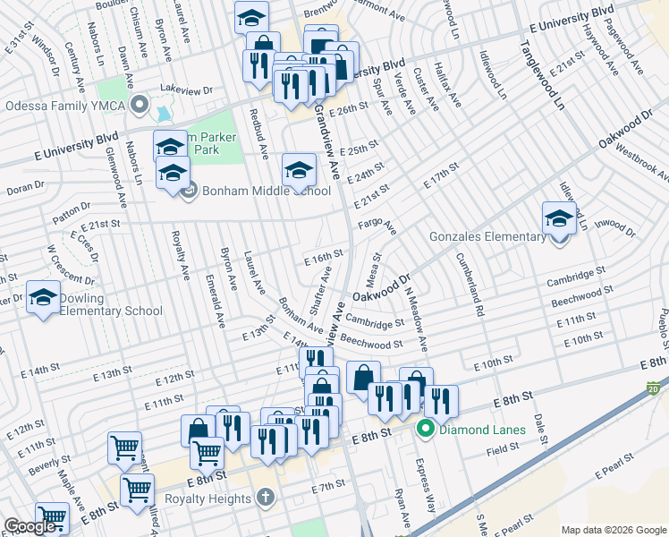 map of restaurants, bars, coffee shops, grocery stores, and more near 1500 Shafter Avenue in Odessa