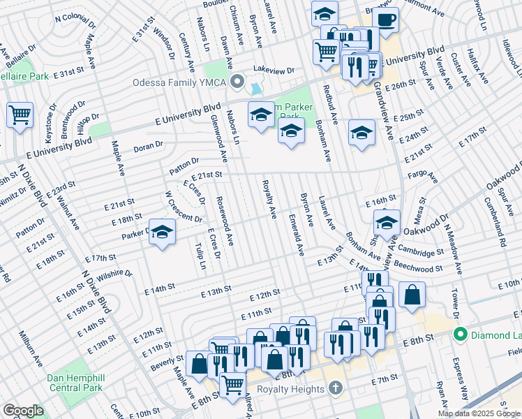 map of restaurants, bars, coffee shops, grocery stores, and more near 1702 Nabors Lane in Odessa