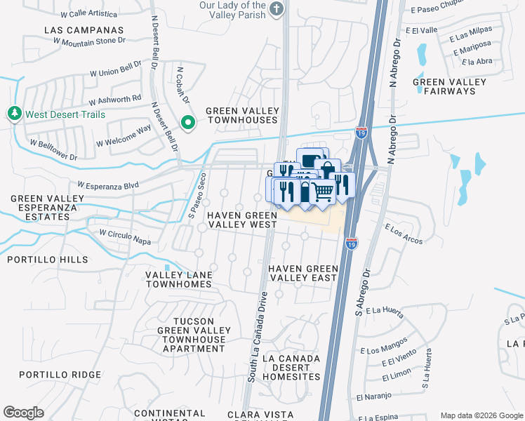 map of restaurants, bars, coffee shops, grocery stores, and more near 206 South La Cañada Drive in Green Valley
