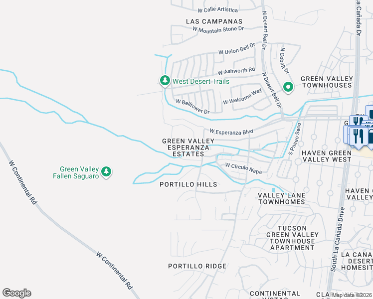 map of restaurants, bars, coffee shops, grocery stores, and more near 1118 West Circulo Del Sur in Green Valley