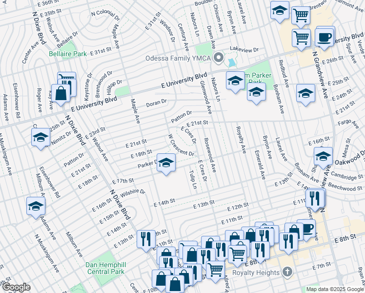 map of restaurants, bars, coffee shops, grocery stores, and more near 1707 West Crescent Drive in Odessa