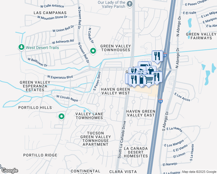 map of restaurants, bars, coffee shops, grocery stores, and more near 265 South Paseo Sarta in Green Valley