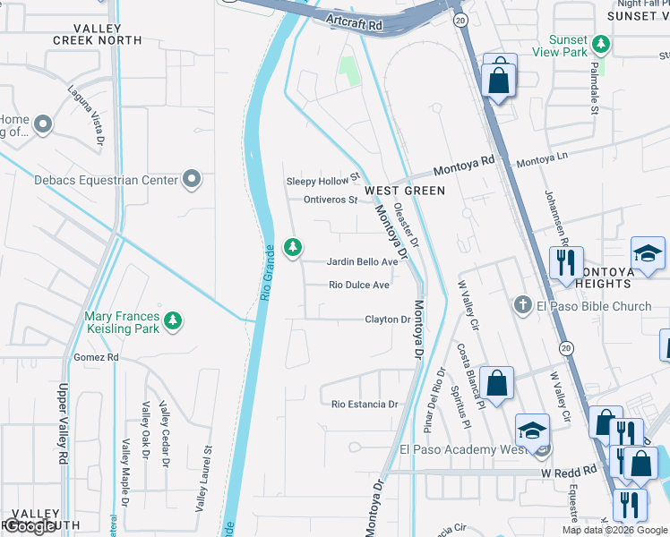 map of restaurants, bars, coffee shops, grocery stores, and more near 364 Jardin Bello Avenue in El Paso