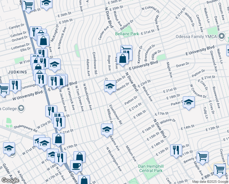 map of restaurants, bars, coffee shops, grocery stores, and more near Nimitz Drive in Odessa