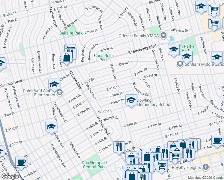 map of restaurants, bars, coffee shops, grocery stores, and more near 1400 East 18th Street in Odessa
