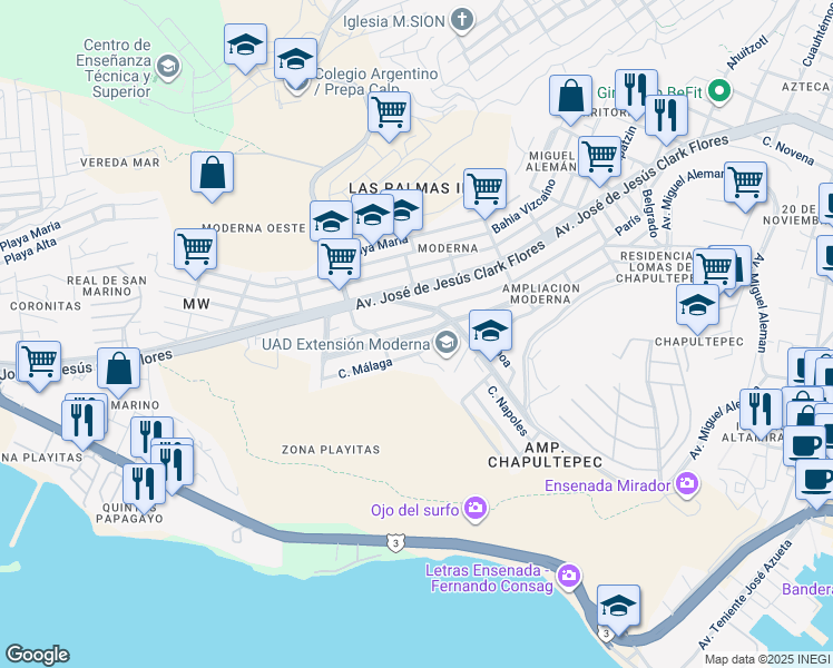 map of restaurants, bars, coffee shops, grocery stores, and more near in Ensenada