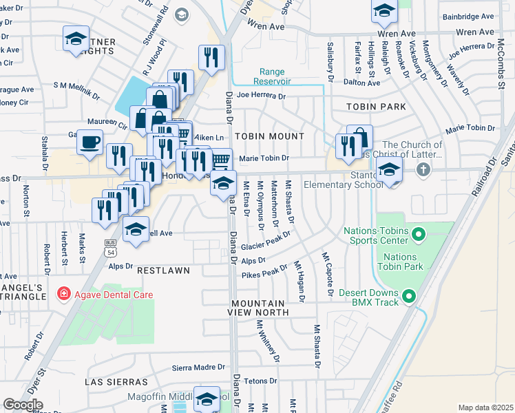 map of restaurants, bars, coffee shops, grocery stores, and more near 9005 Mount Olympus Drive in El Paso