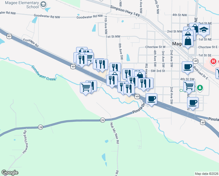 map of restaurants, bars, coffee shops, grocery stores, and more near 1607 U.S. 49 in Magee