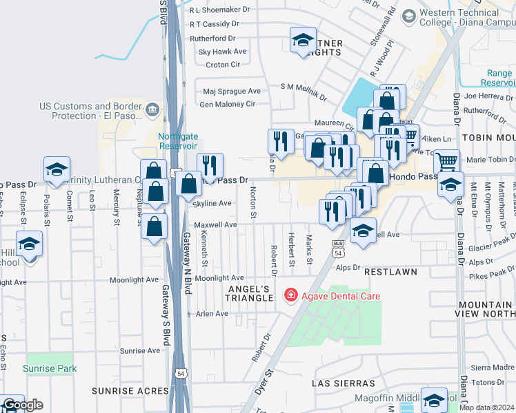 map of restaurants, bars, coffee shops, grocery stores, and more near 9045 Norton Street in El Paso