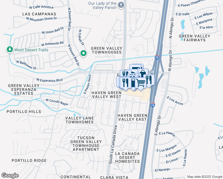 map of restaurants, bars, coffee shops, grocery stores, and more near 144 South Paseo Pena in Green Valley